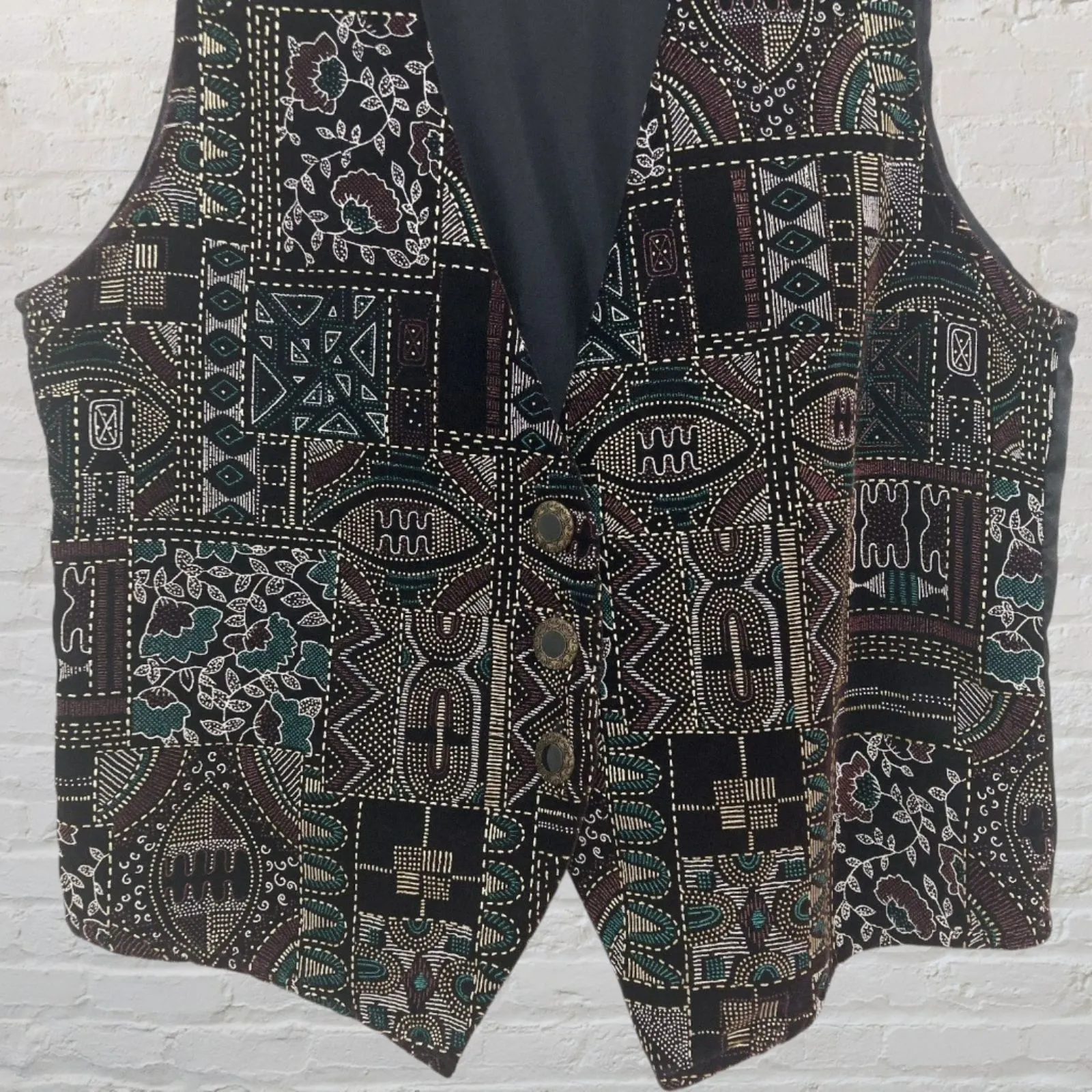 Vintage Michele Leslie Black Velvet Vest M Tribal Print Retro Unique - Image 6