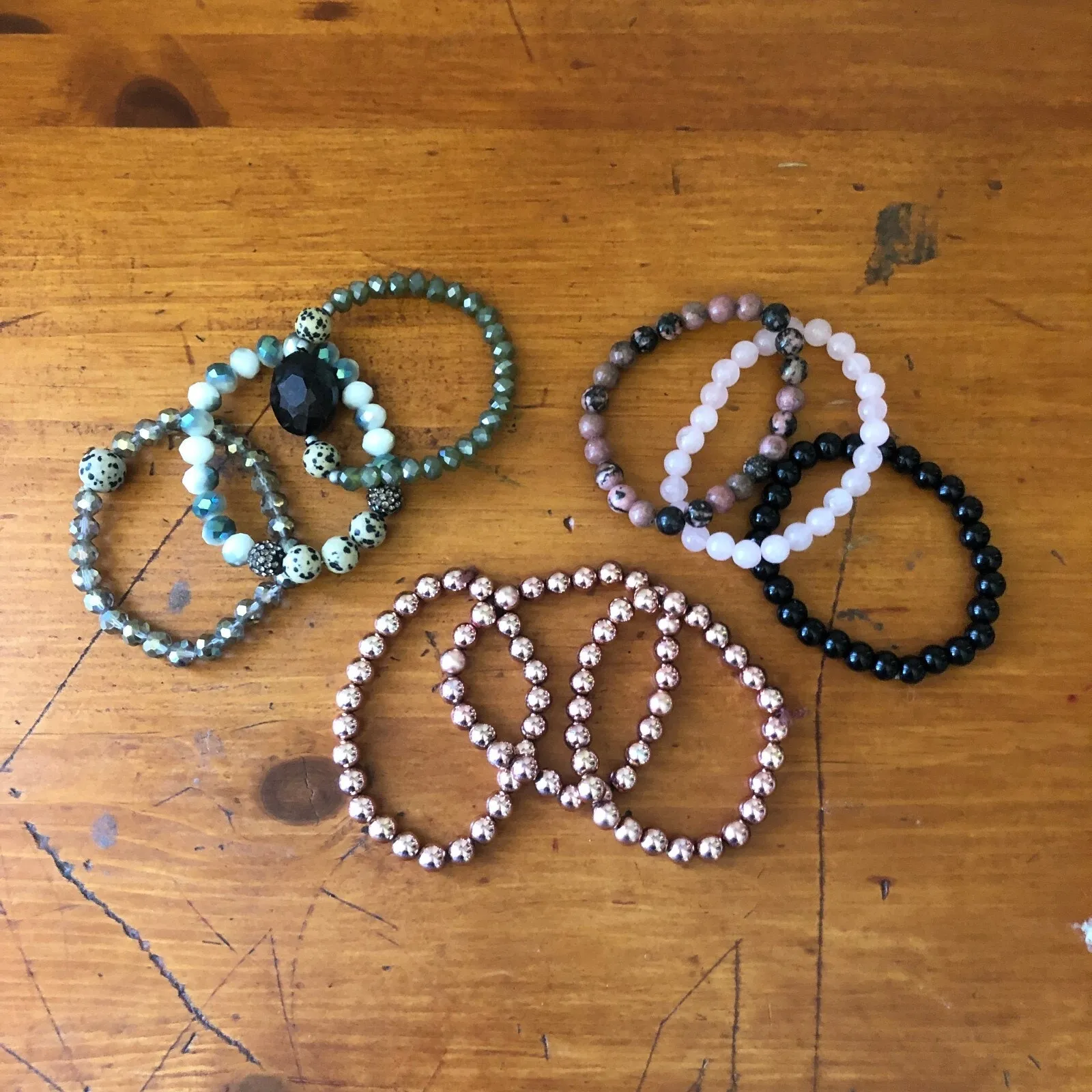 Lot of 9 Beaded Bracelet Stretch Boho Style with Gemstone Crystal Metallic Beads - Image 8