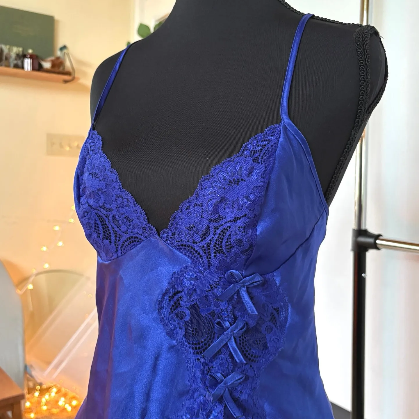Vintage Babydoll Sexy Royal Blue Lingerie Top Lace Bows Criss-Cross Strap Small - Image 2