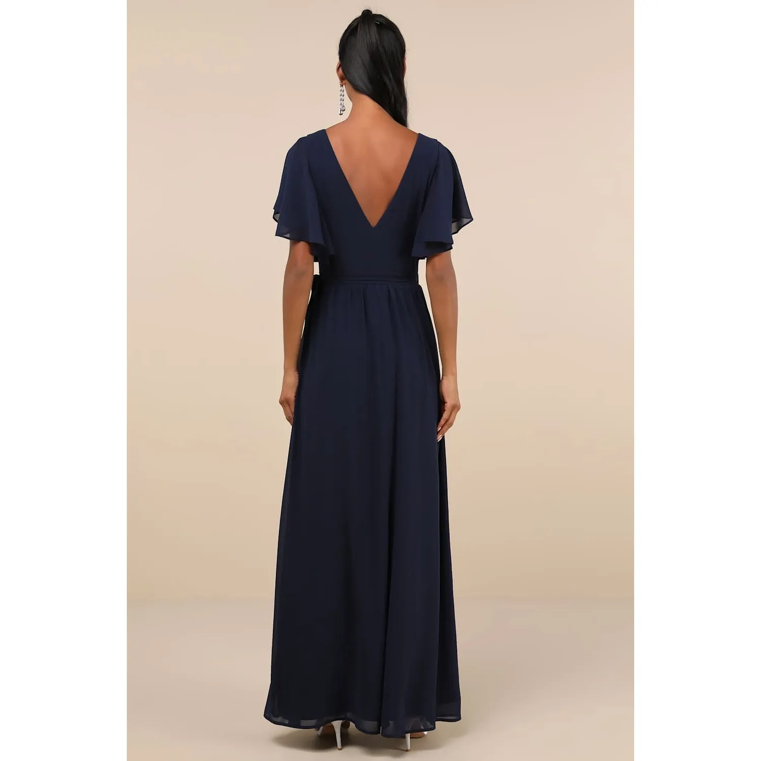 NWT Lulus Convincing Grace Navy Blue Flutter Sleeve Wrap Maxi Dress Wedding L - Image 3