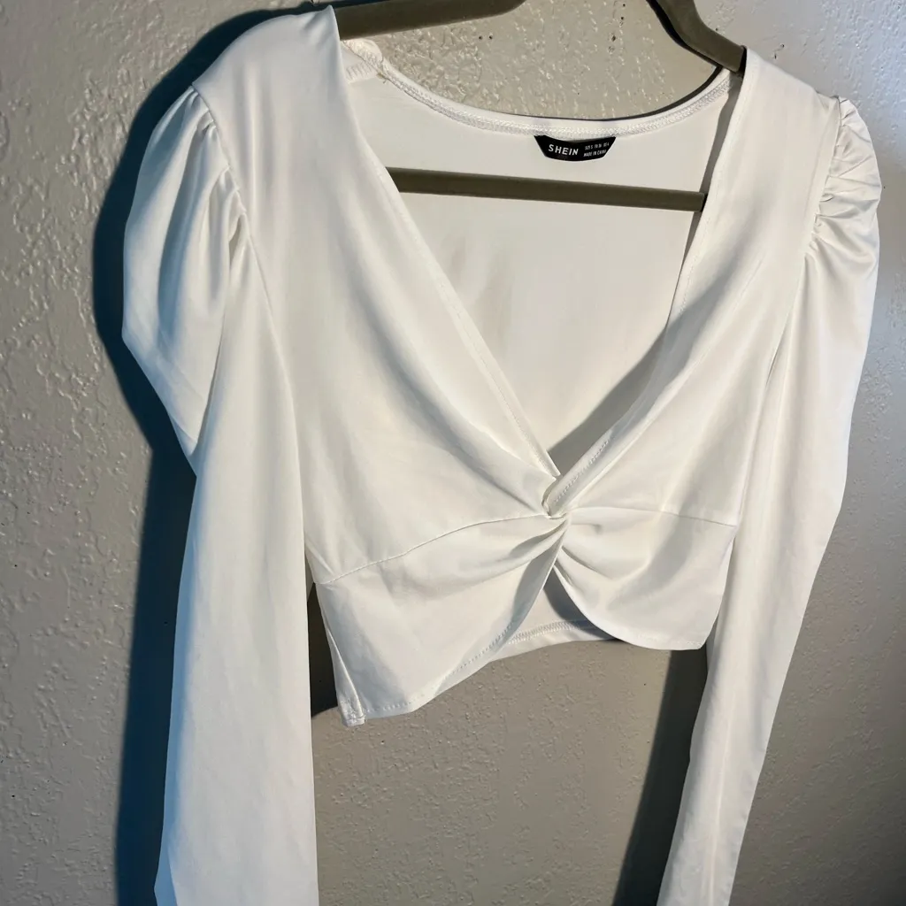 SHEIN White Ruched Long Sleeve Crop top Blouse Wide Neck Sz S T-shirt Y2K - Image 4
