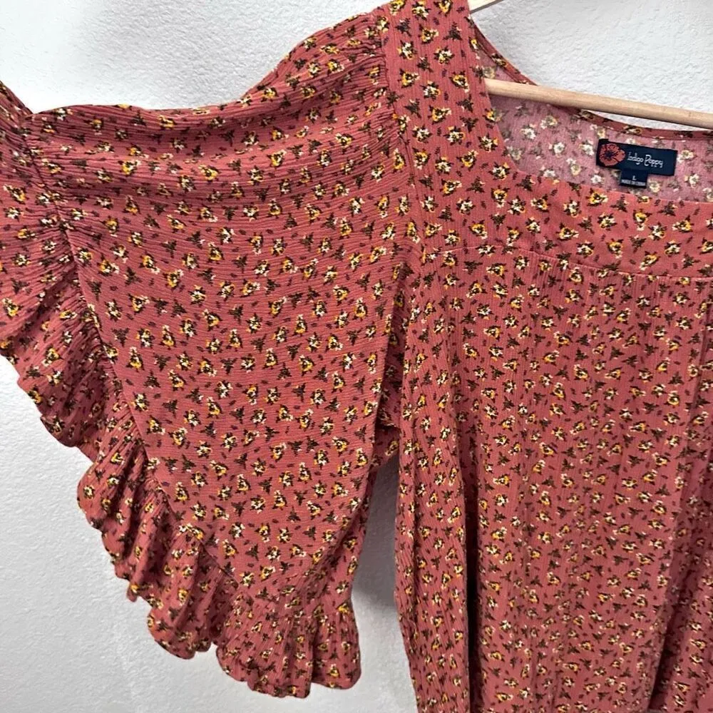 INDIGO POPPY x ANTHROPOLOGIE | Terra Cotta Floral Boho Blouse Wide Slv. | Large - Image 4