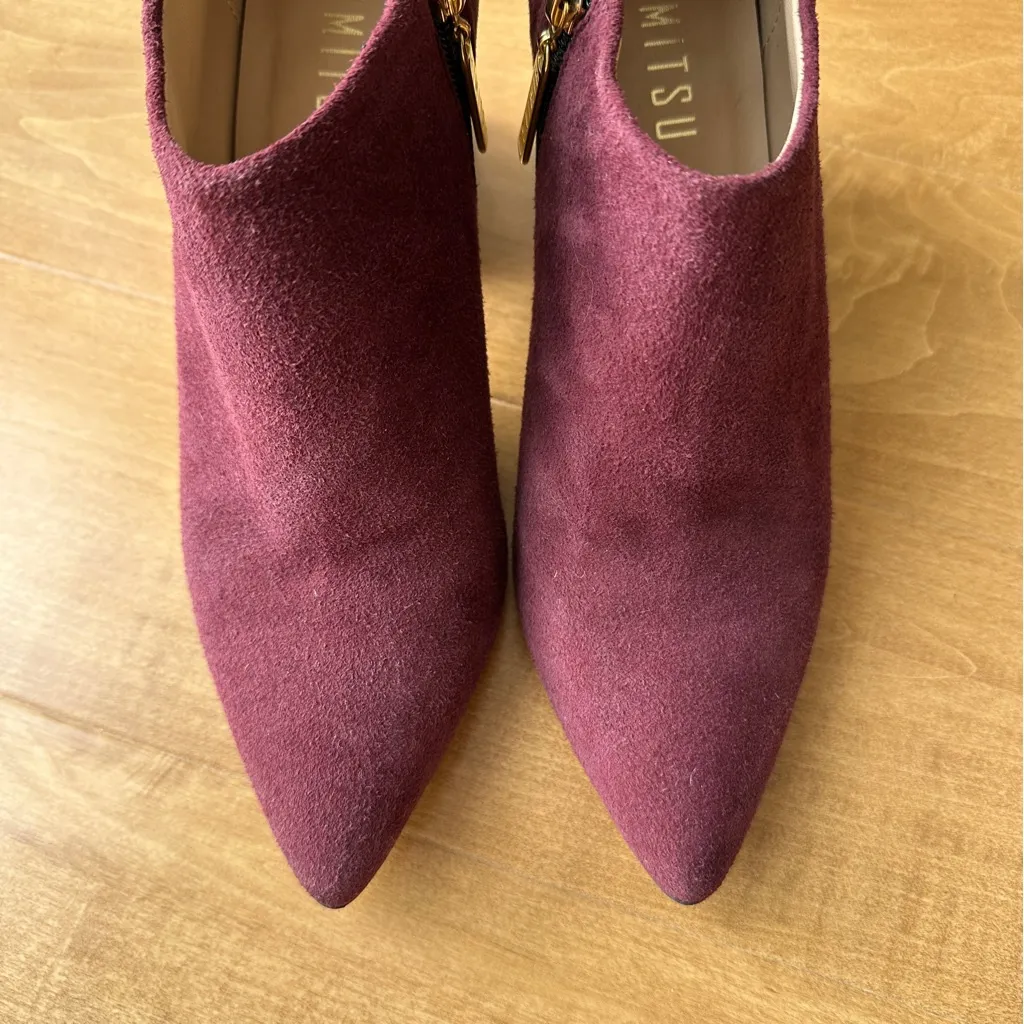 Himitsu Burgundy Suede Pointed Toe Ankle Booties, Size 39 Red - Image 4