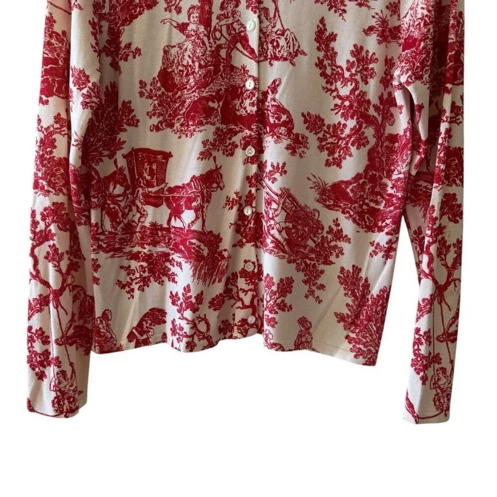 August Silk Knit Button Down Lightweight Red Cream Casual Luxury Cardigan  SZ L - Image 3