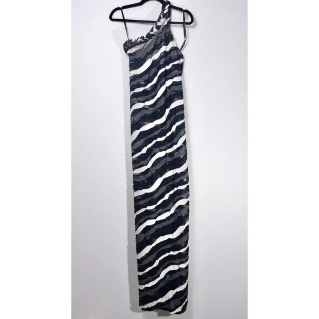 Bronx and Banco x REVOLVE Itza One Shoulder Dress S Black Striped Sheer Braided - Image 3