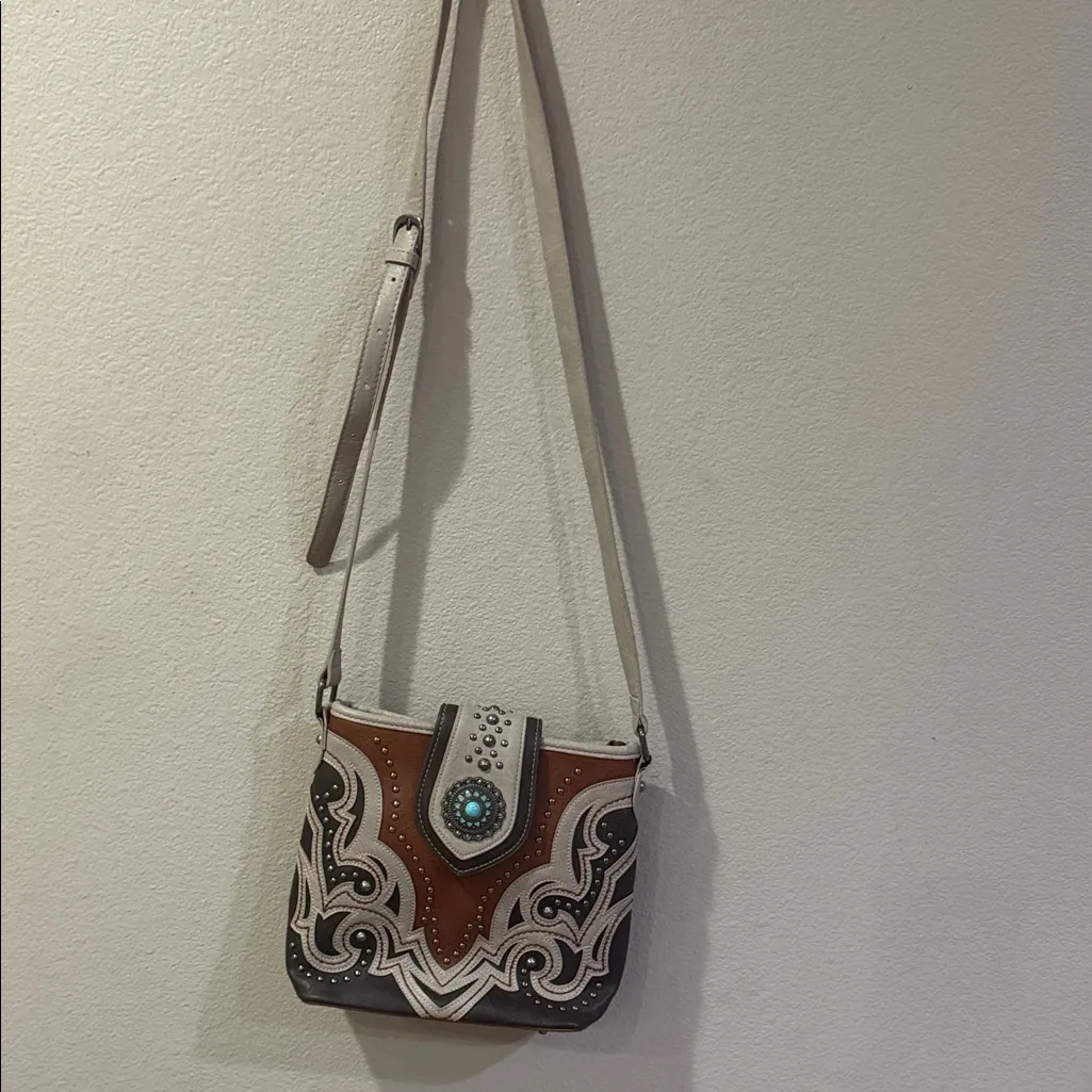 Montana West Brown and Tan Crossbody Bag with Embroidery - Image 6