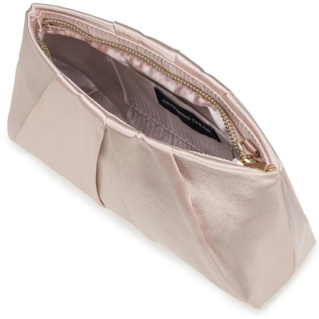 ⚡ Women's Blush Pink Formal Pleated Satin Fabric Zipper Closure Clutch Bag - Image 7