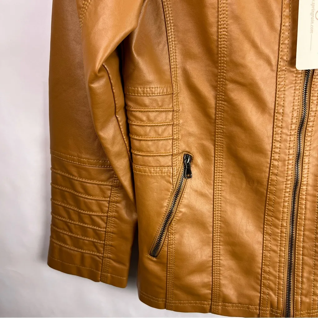 Springrain Camel Faux Leather Moto Jacket, Quilted Zip Pockets, Lined Medium Tan - Image 6
