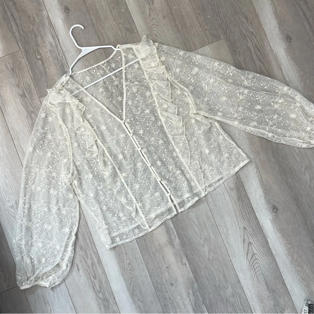 Sheer Fairy Top floral ruffle long sleeve womens Cream xlarge romantic celestial Size XL - Image 5