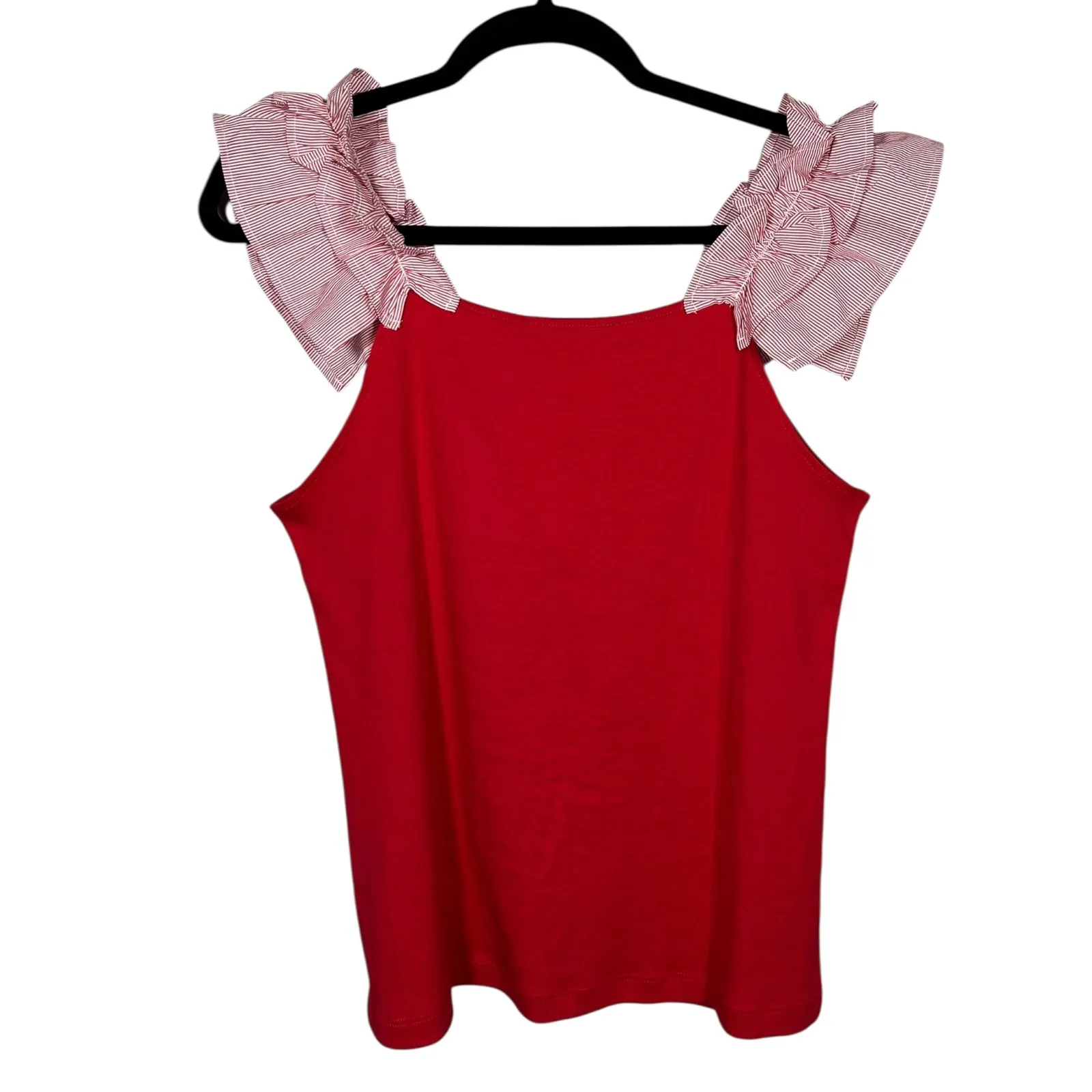 Tommy Hilfiger Red‎ Cotton Sleeveless Tank Top Ruffle Stripe Sleeves Size Medium - Image 3