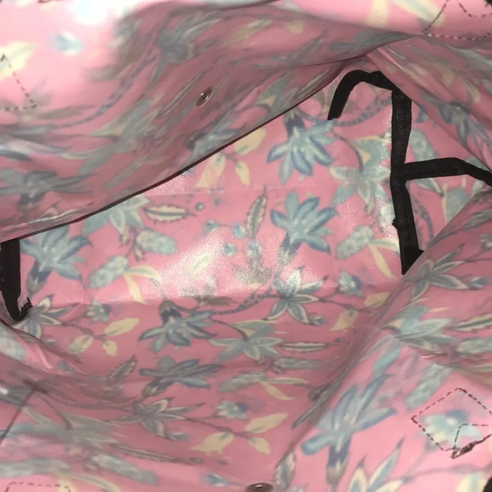 PINK BLUE CREAM FLORAL ALL OVER PRINT FOLDING HANDBAG / TOTE 11X15X5 - Image 5