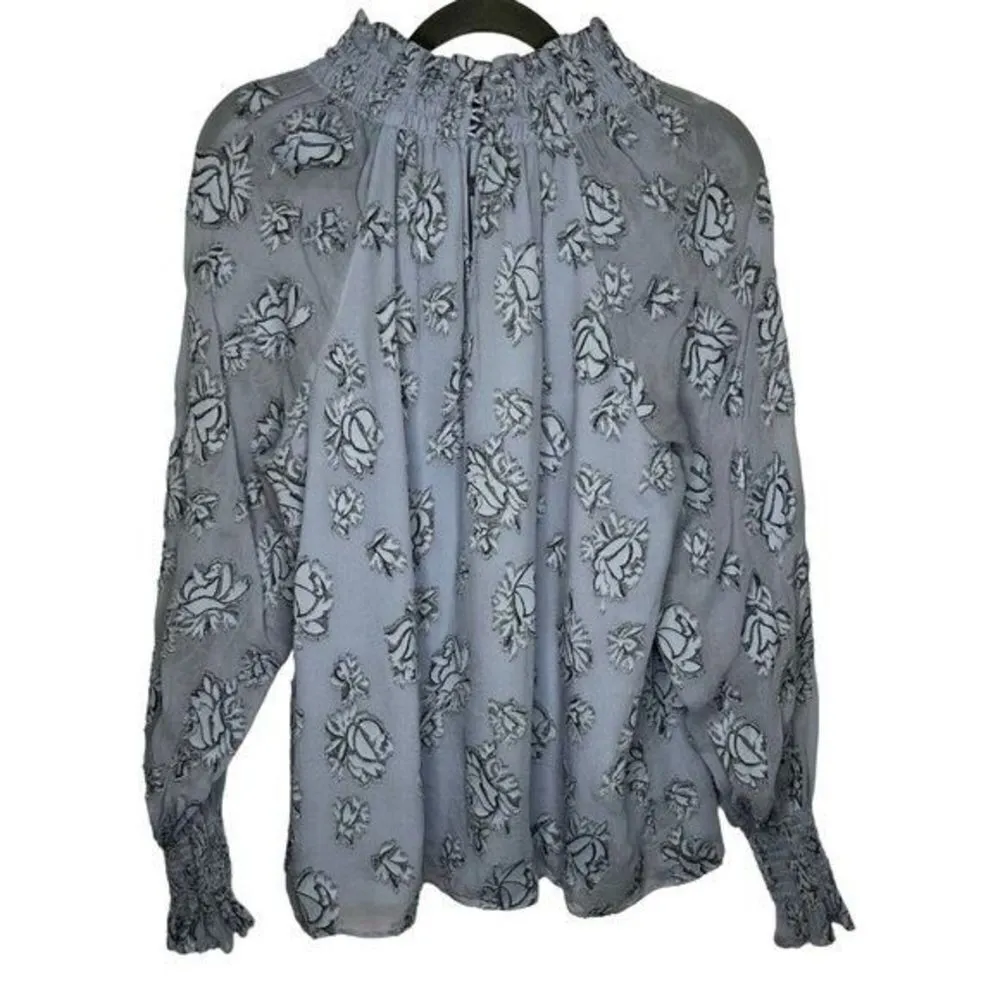 ✨Rebecca Taylor Smocked Neck Silk Blend Rose Print Blouse Light Blue Metallic✨ - Image 10