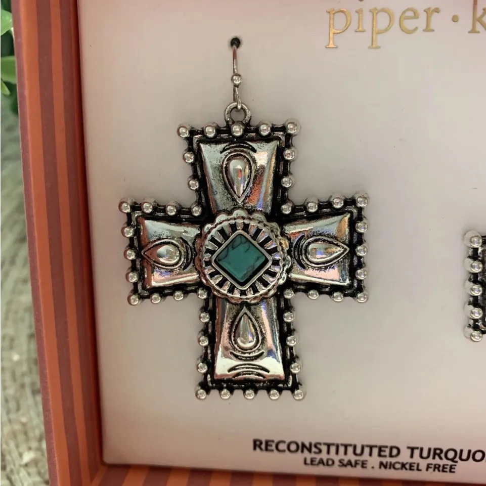 Piper Silver and Turquoise Cross Earrings - Image 2