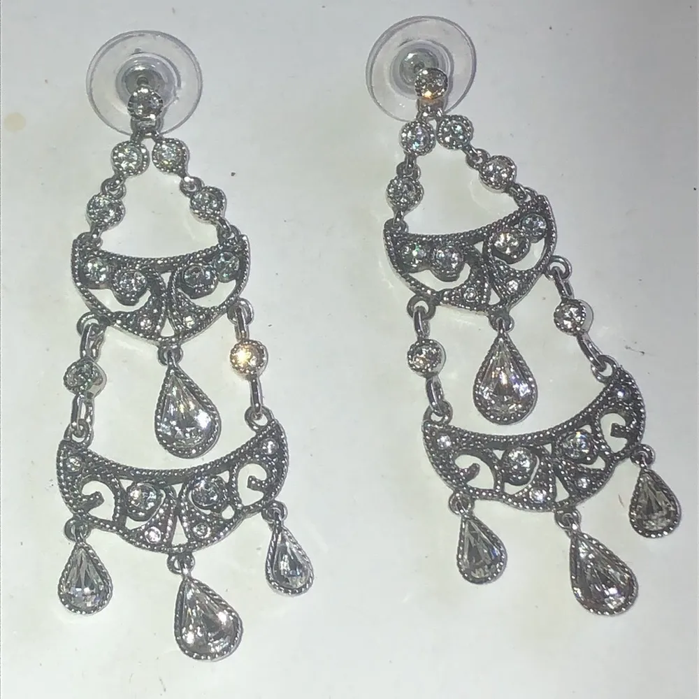 Monet Silver Tone Clear CZ Chandelier Dangling Pierced Earrings - Image 3