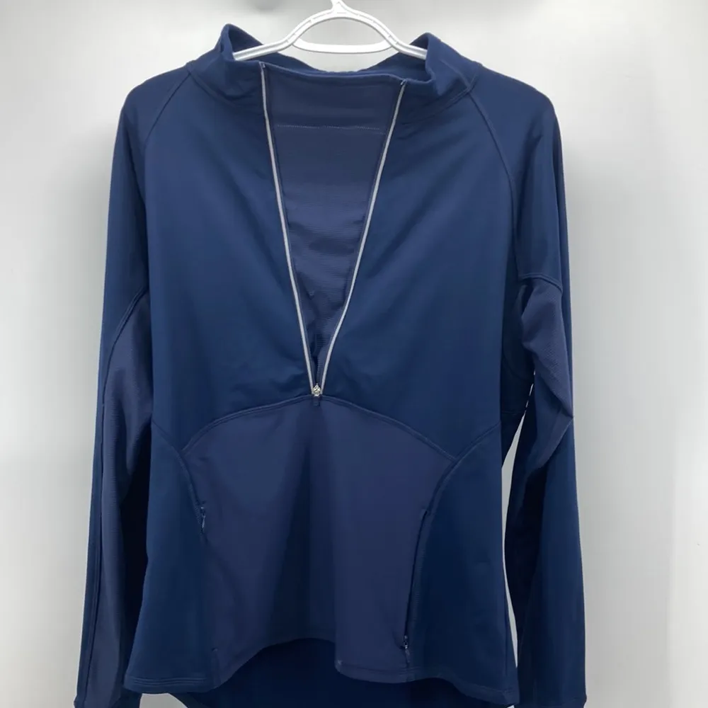 Athleta blue pullover half zip thumb holes vented kangaroo pocket yoga workout - Image 2