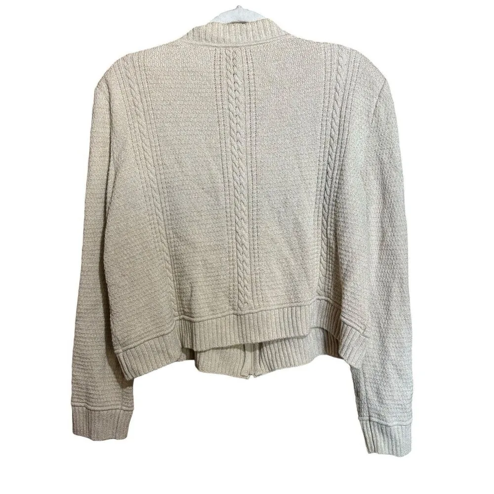 ST JOHN Cardigan Womens Large Beige Wool Blend Chunky Knit Zippered Sweater - Image 6