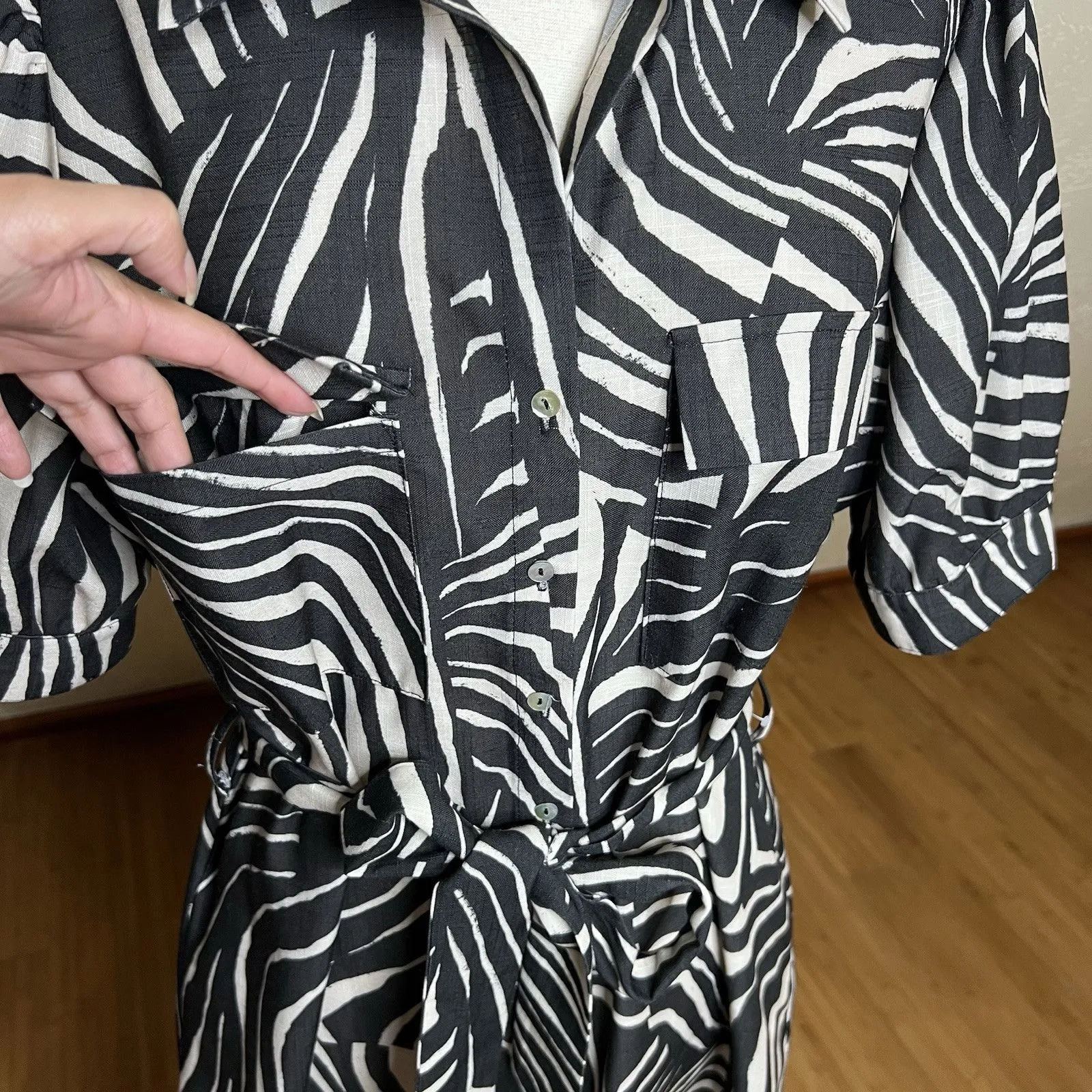 Nicole Miller A Line Shirt Dress Womens 16 Black Beige Linen Belted Side Slits - Image 11