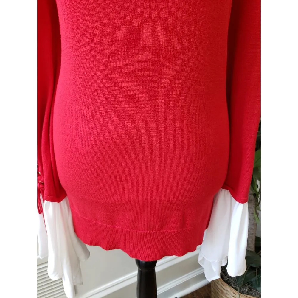 Women's 7th Avenue Red Deep V Sweater Large White Cuff Tie Sleeve Pullover - Image 4