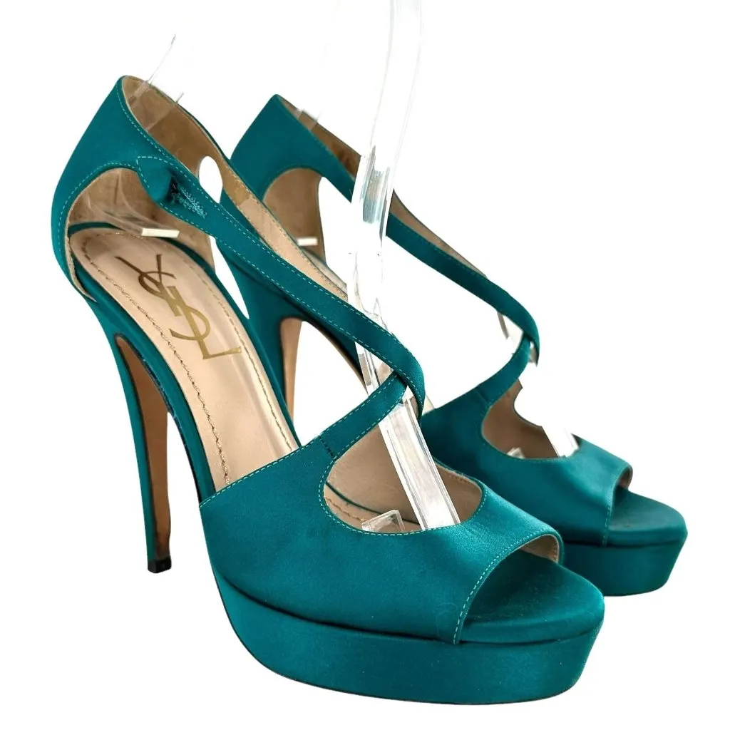 Saint Laurent Paris Turquoise Satin Tribute Cross Strap Platform Sandals Size 35 - Image 3