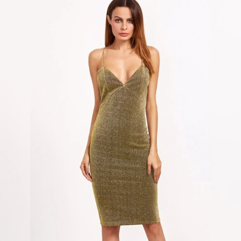 ✨HP✨Gold Glitter Deep V Neck Cami Sheath Dress✨ Gold Size M - Image 2