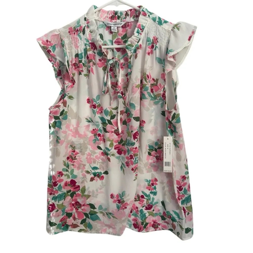 COUNTERPARTS VOLAN- FLORAL FRILL NECK TOP SIZE M NWT - Image 2