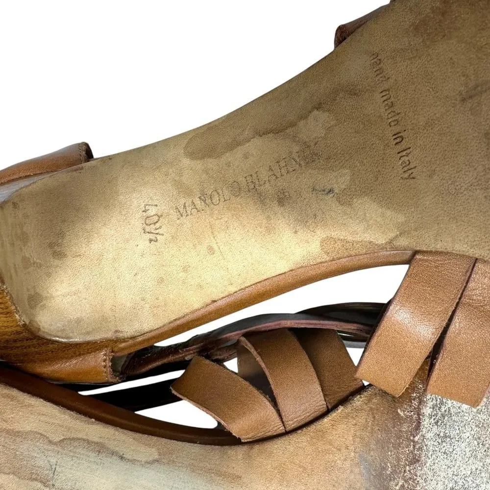 Manolo‎ Blahnik Ochre Leather Sandal Heels Cognac Brown Size 40.5 US 10.5 - Image 7