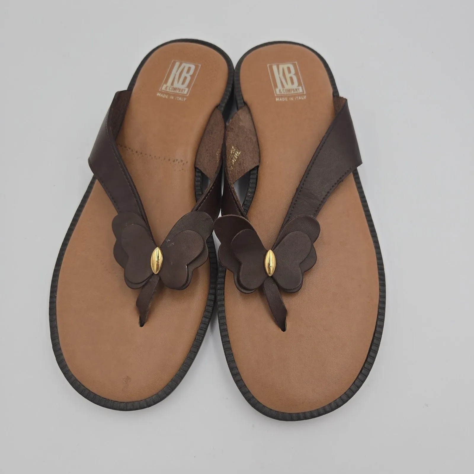 KB & Company Leather Butterfly Flip Flops Women's Size 8.5 M Brown Thongs Summer - Image 2