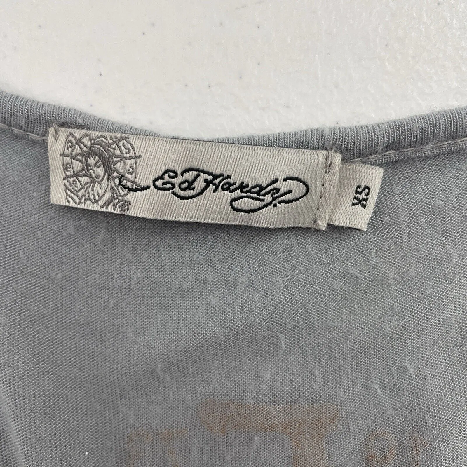 Ed Hardy XS Christian Audugigier T-Shirt Asymmetrical Short Sleeve Gray Floral - Image 8