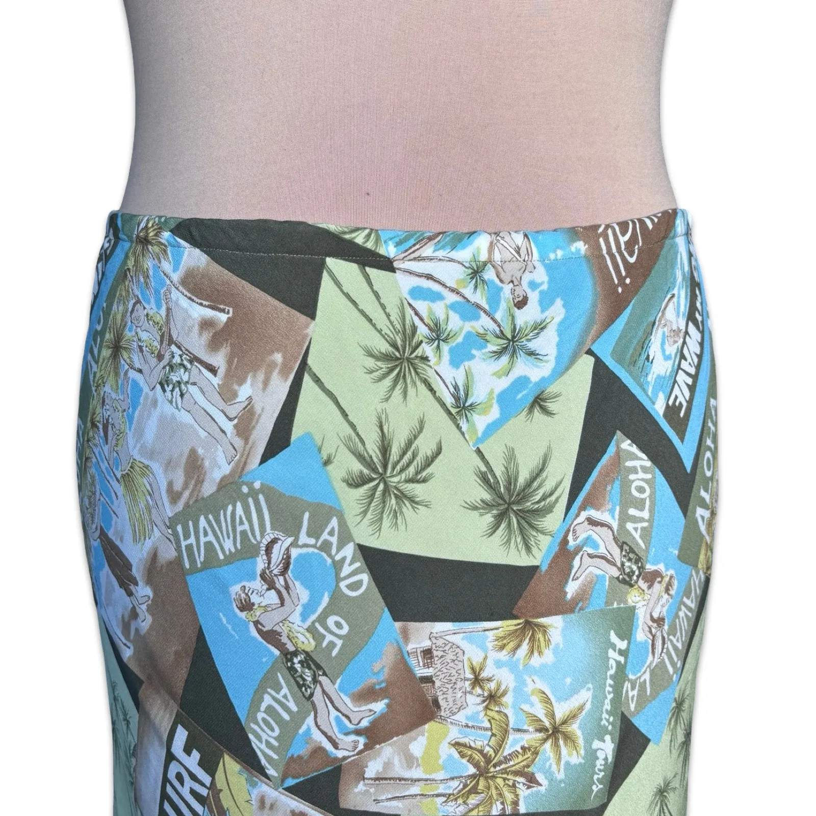 Vintage Silk Hawaiian Postcard Print Skirt Y2K Aloha Surf Vacation Tropical Blue Size M - Image 4