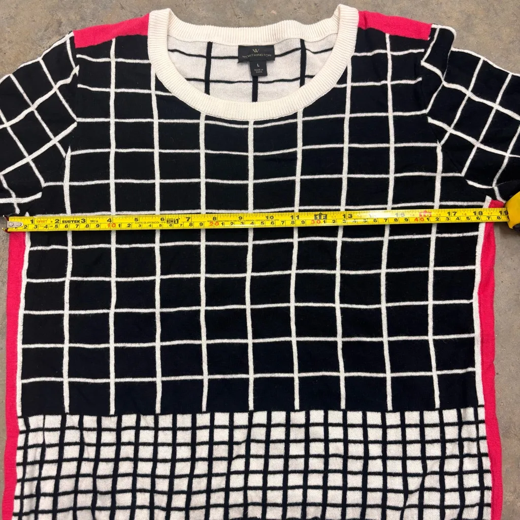 Worthington Sweater Womens Small Black White Square Pink Stripe 3/4 Sleeve - Image 5