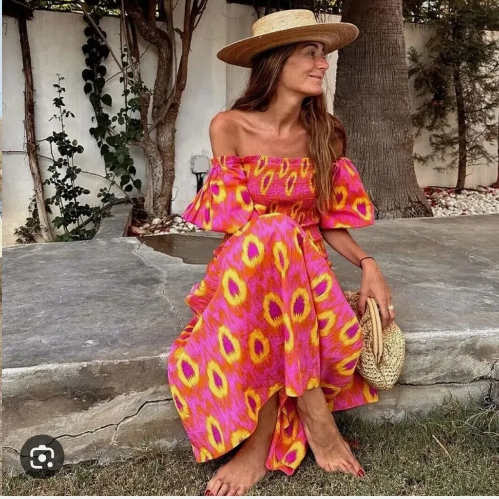 Zara smocked maxi dress midi blogger favorite colorful print neon balloon sleeve - Image 8