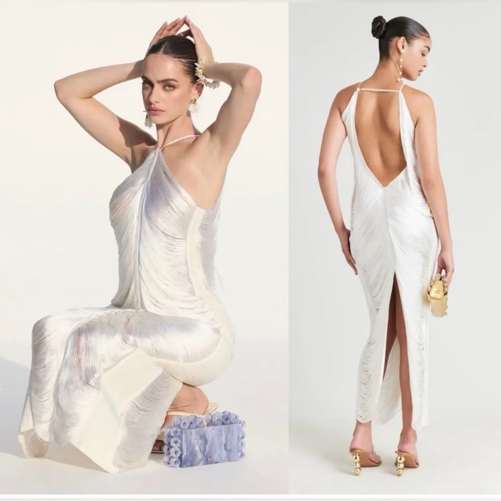 NWOT Cult Gaia Renata Draped Fringe Halter Gown Off White Bridal Wedding Size M - Image 7