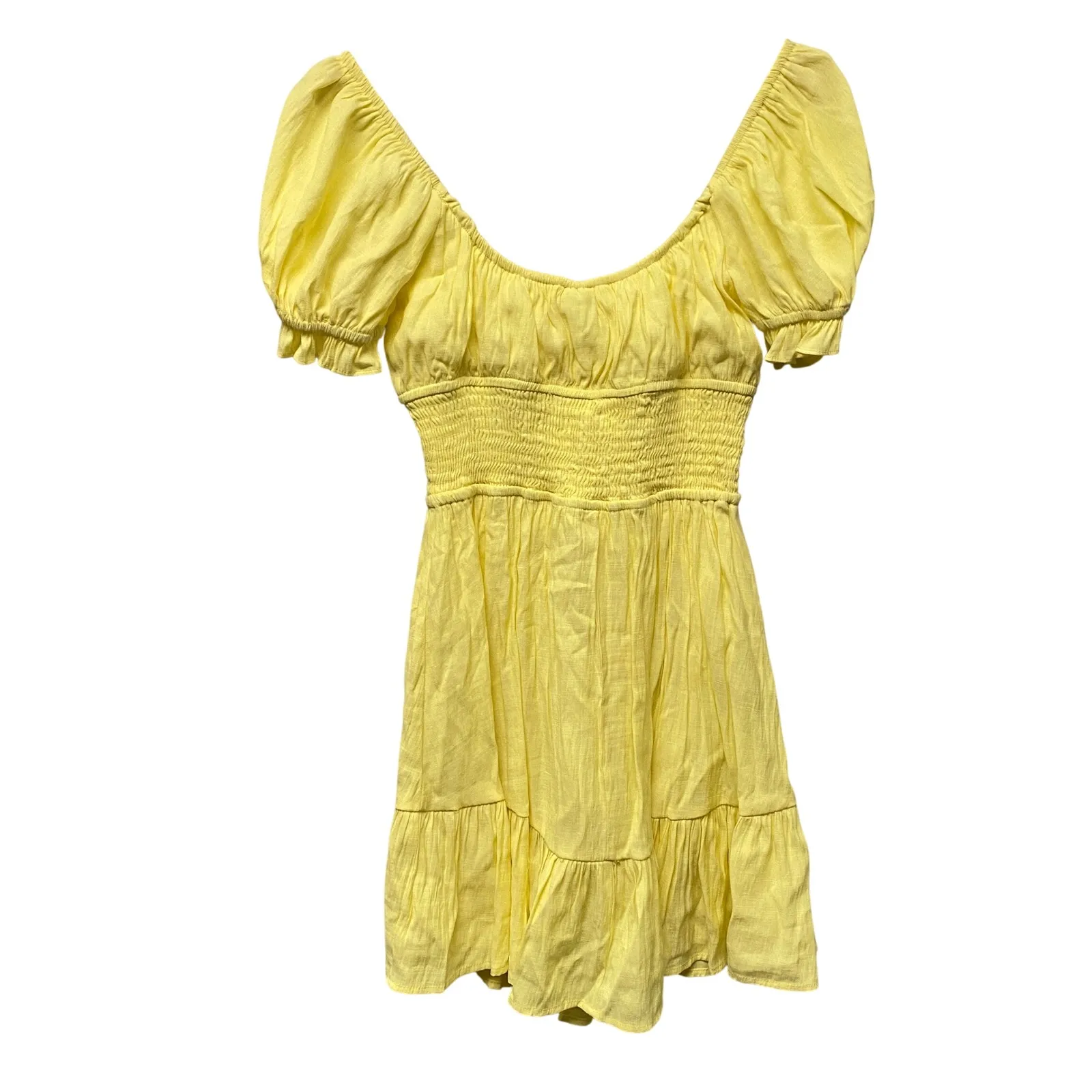 Angel Biba Milkmaid Yellow Smocked Puff Sleeve Tiered Mini Medium Dress Empire - Image 7