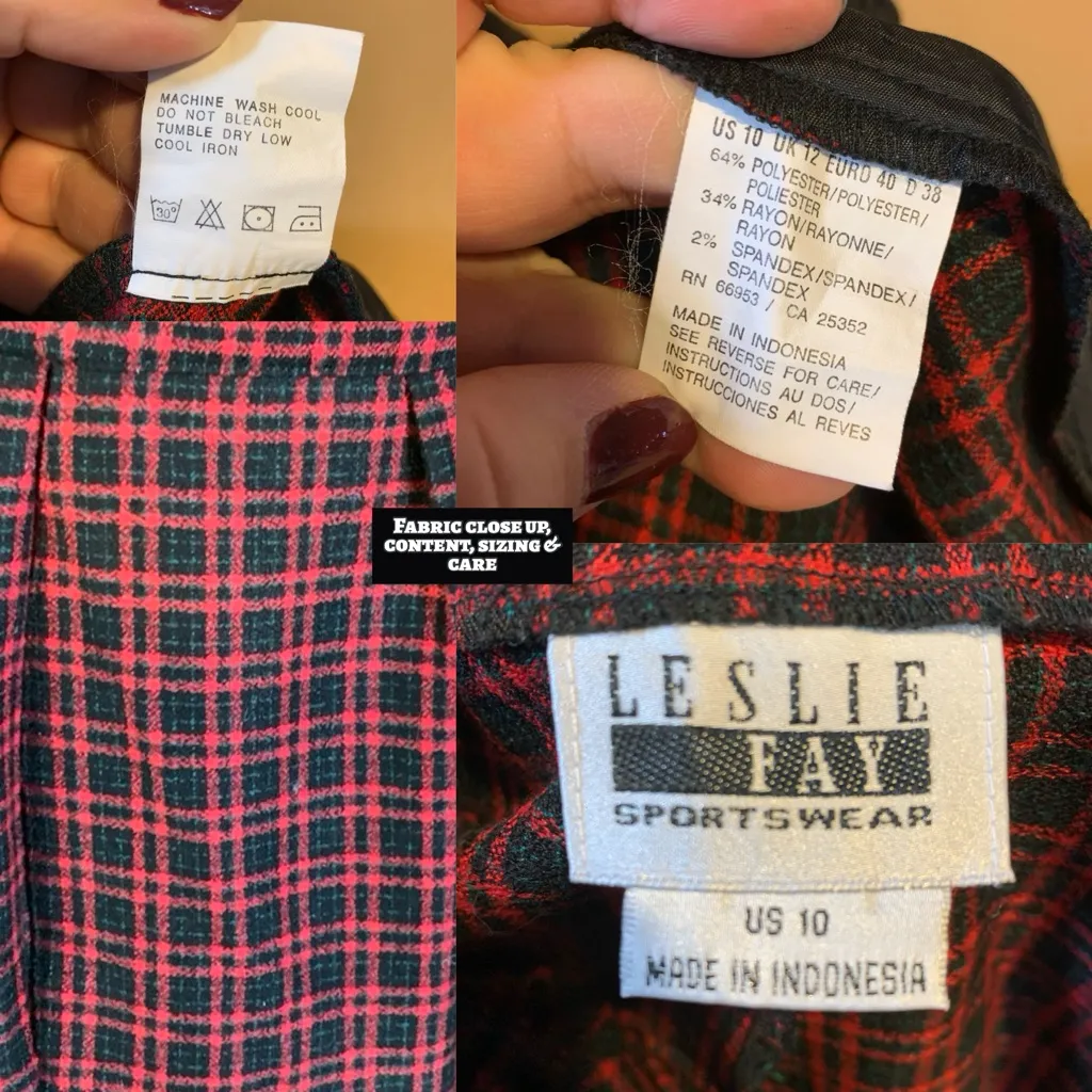 VINTAGE 1980'S LESLIE FAY RED, BLACK & GREEN PLAID STIRRUP TROUSERS (10) Red - Image 13