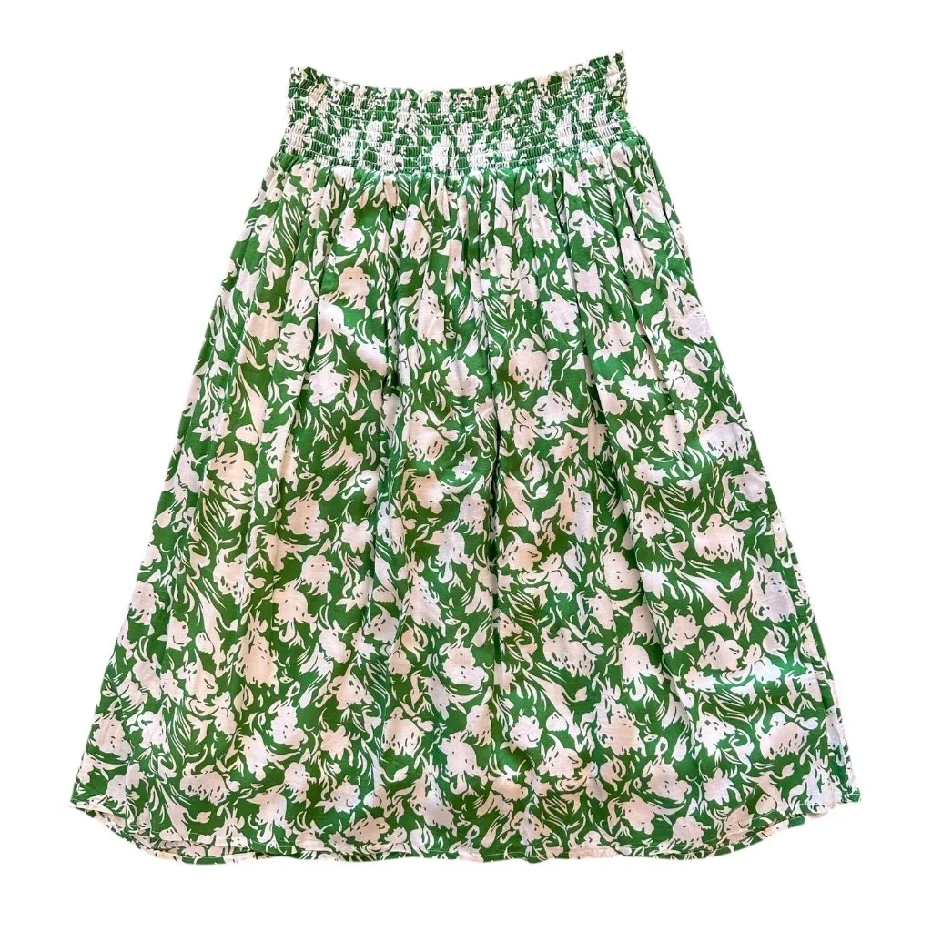 Porridge Green & Ivory Floral Smocked Midi Skirt Size Small - Image 4