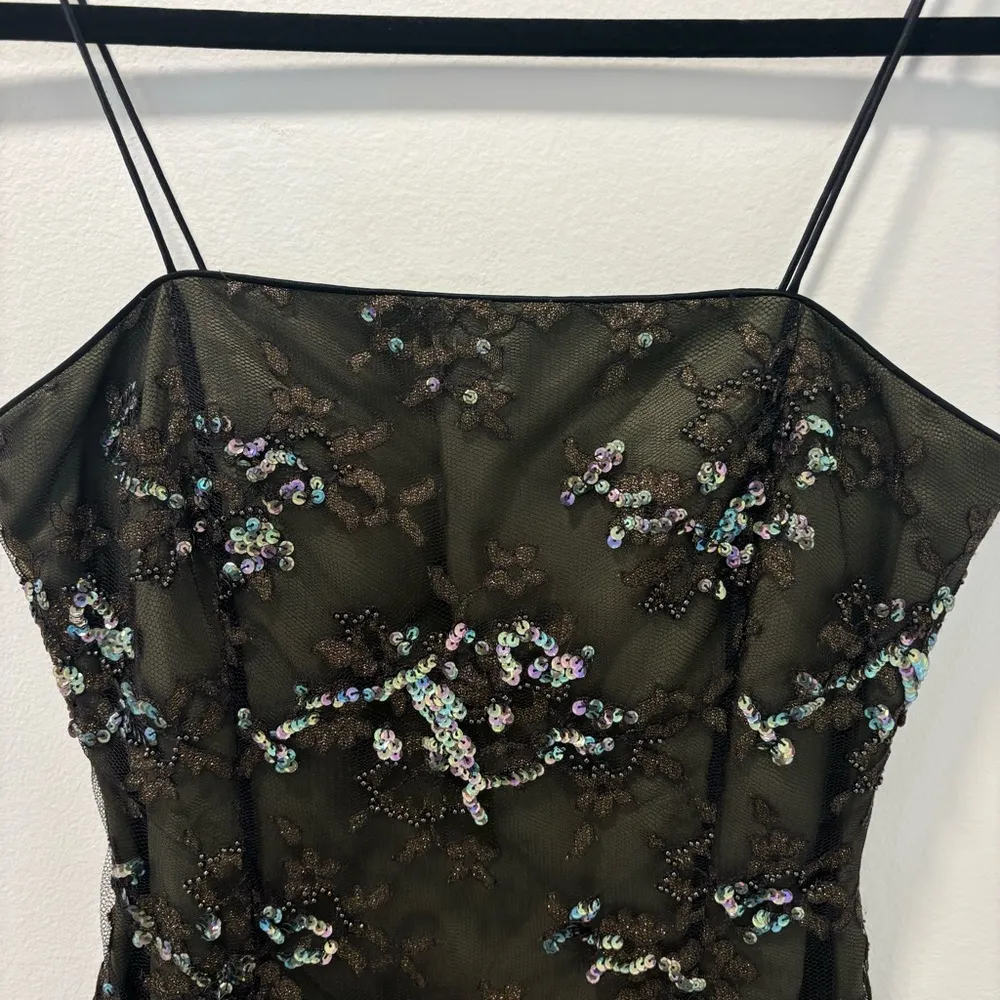 Rimini By Shaw Army Olive Green Sequins Embroidered Floral Mini Dress Formal Black Size 4 - Image 5