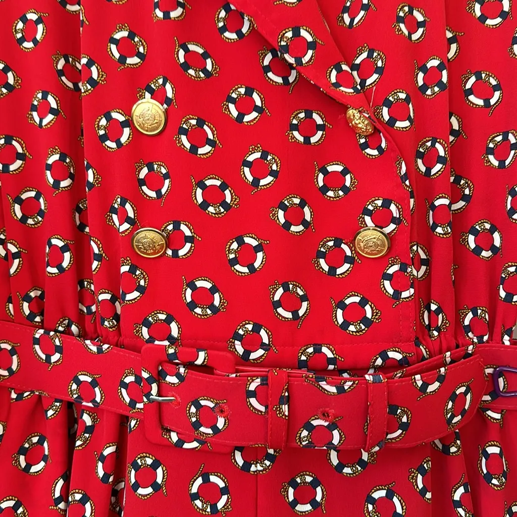 Talbots Vintage 80’s Red Nautical Button Front Shirt Dress Belted Midi Size 6 - Image 5