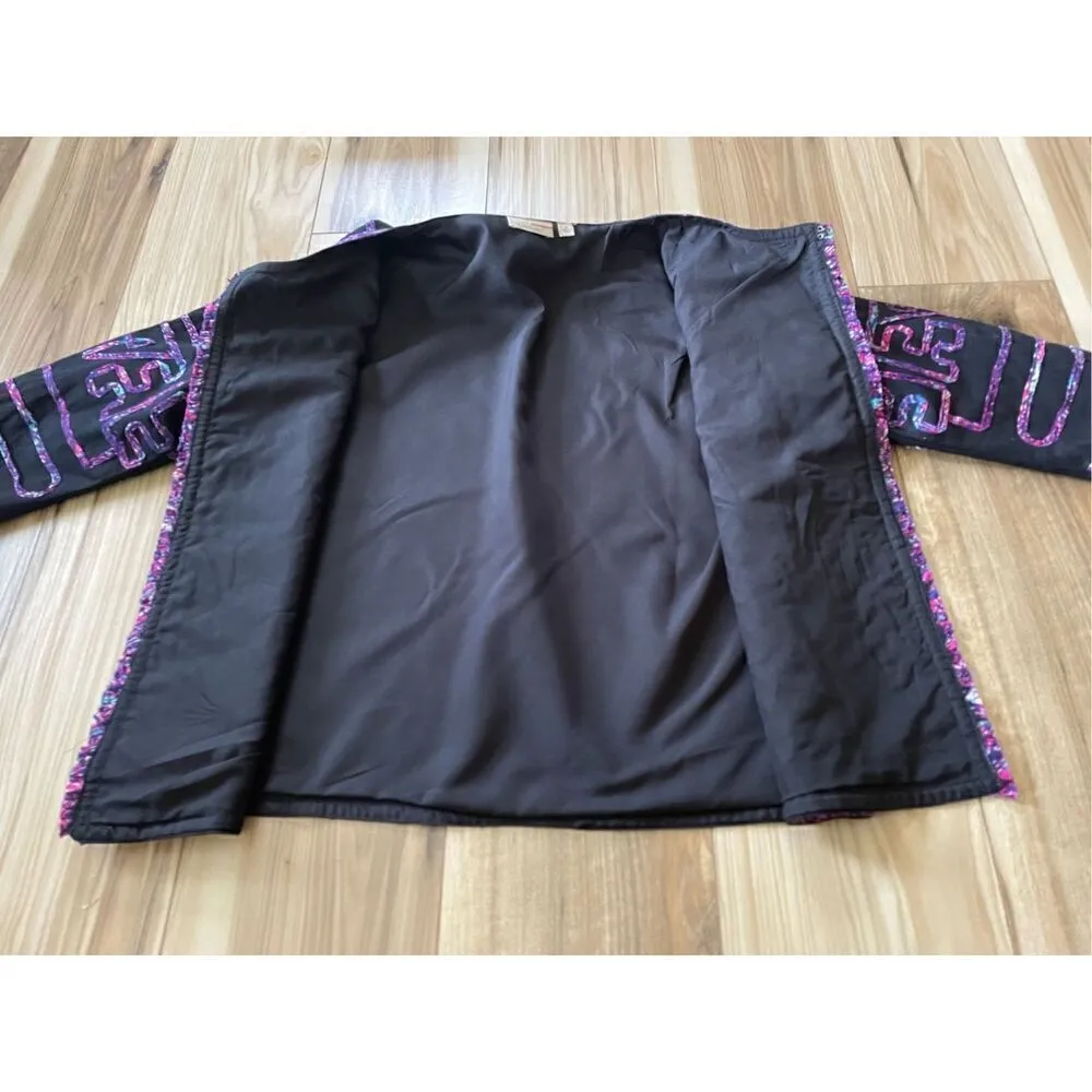 Choices Ruffle Casual Blazer Jacket MEDIUM 100% Cotton Black Purple Teal Fringe - Image 5