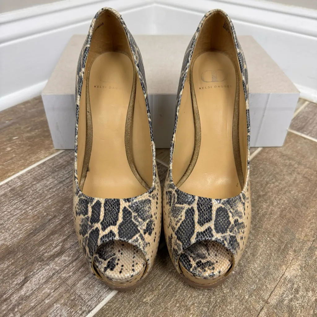 KELSI DAGGER OPEN TOE, Black Leather Snake skin High Heel, Laisey Pumps Sz‎ 8.5 - Image 6