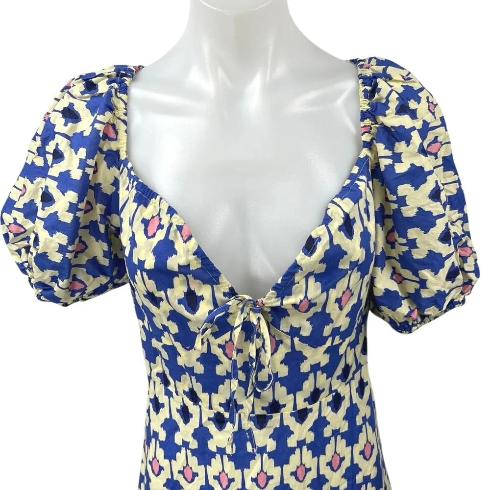 Zara Blue White Printed Short Puff Sleeve Smocked V-Neck Midi A-line Dress Sz L - Image 7