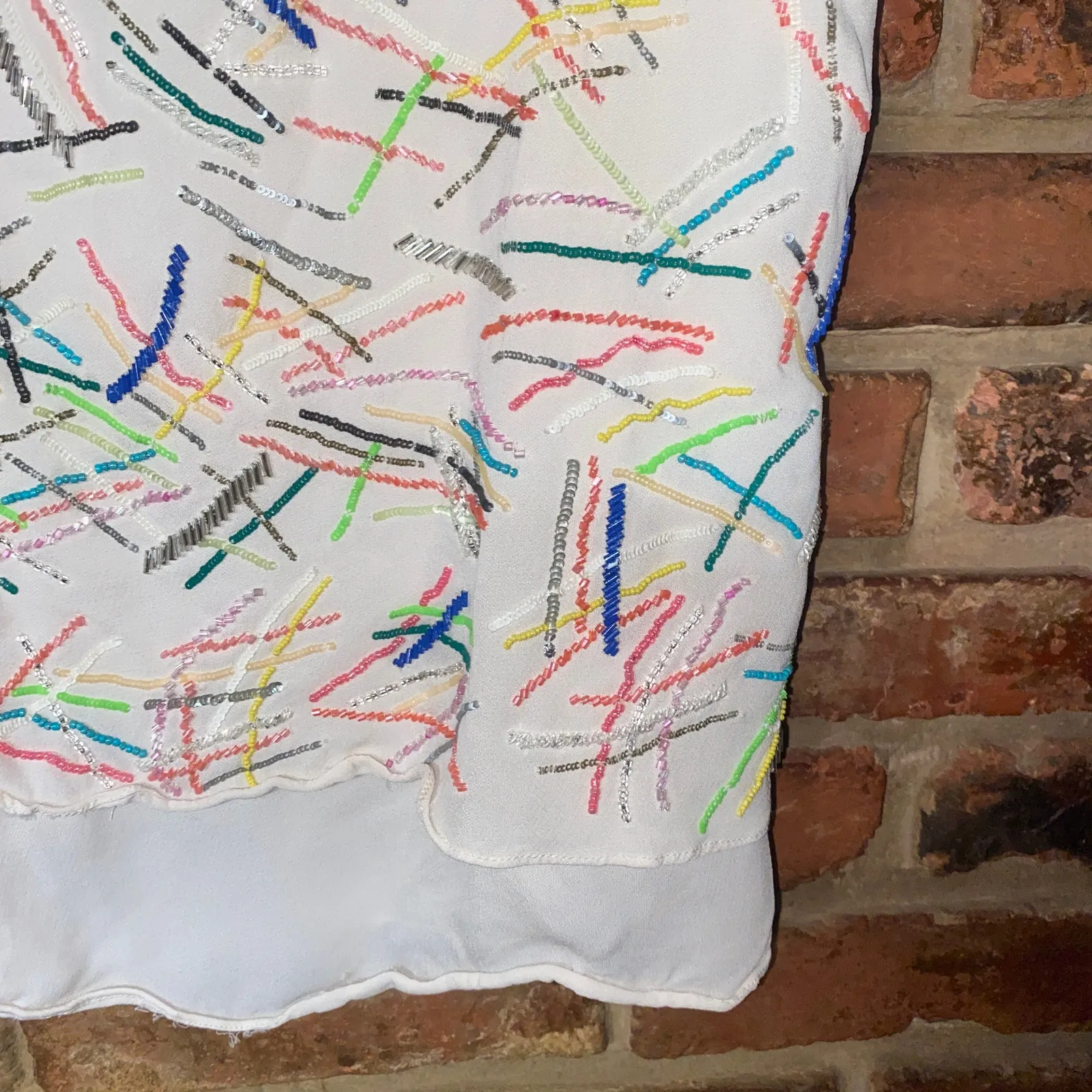 Trina Turk Cream Beaded Auden Popover Peek-A-Boo Blouse Women's Size Large - Image 4