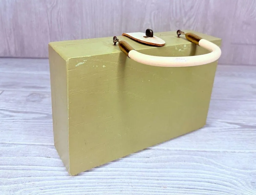 Vintage unique wooden cigar box hand clutch purse jeweled flower cart Madge Green - Image 14