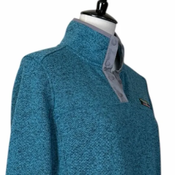 L.L.Bean Fleece Knit Pullover Quarter Snap Sweater Size Medium Teal Gray Heather Blue - Image 7