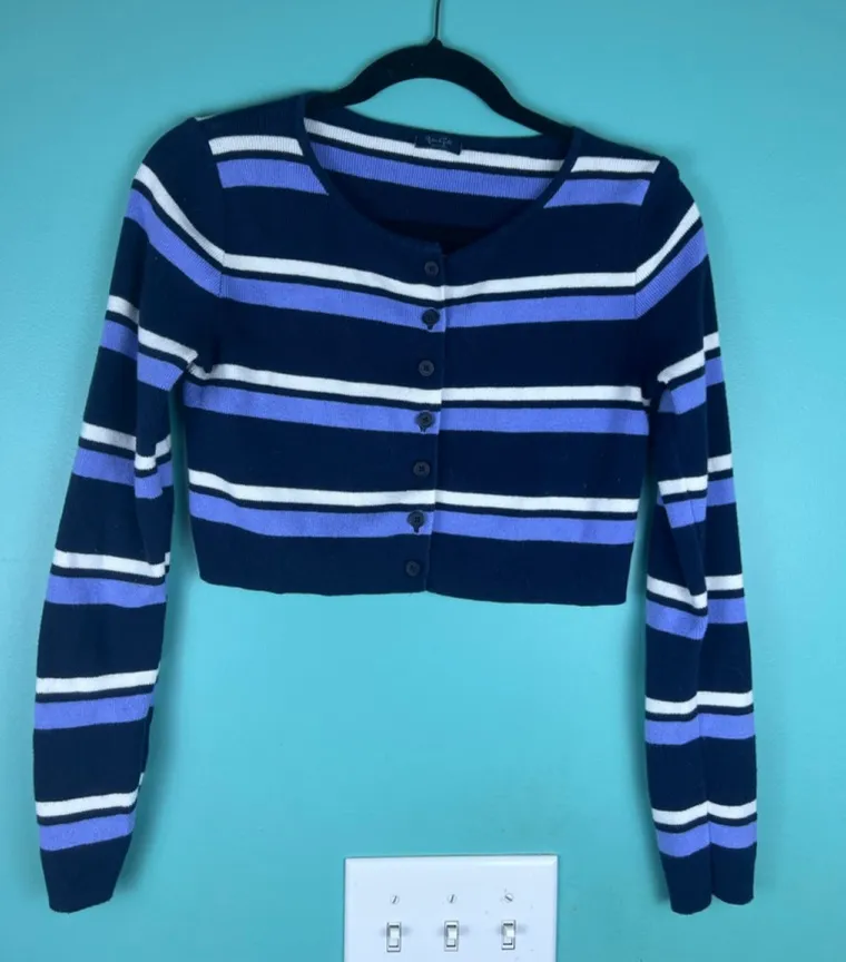 John Galt Striped Button Front Cropped Sweater — Navy Blue Purple White — One Si - Image 1