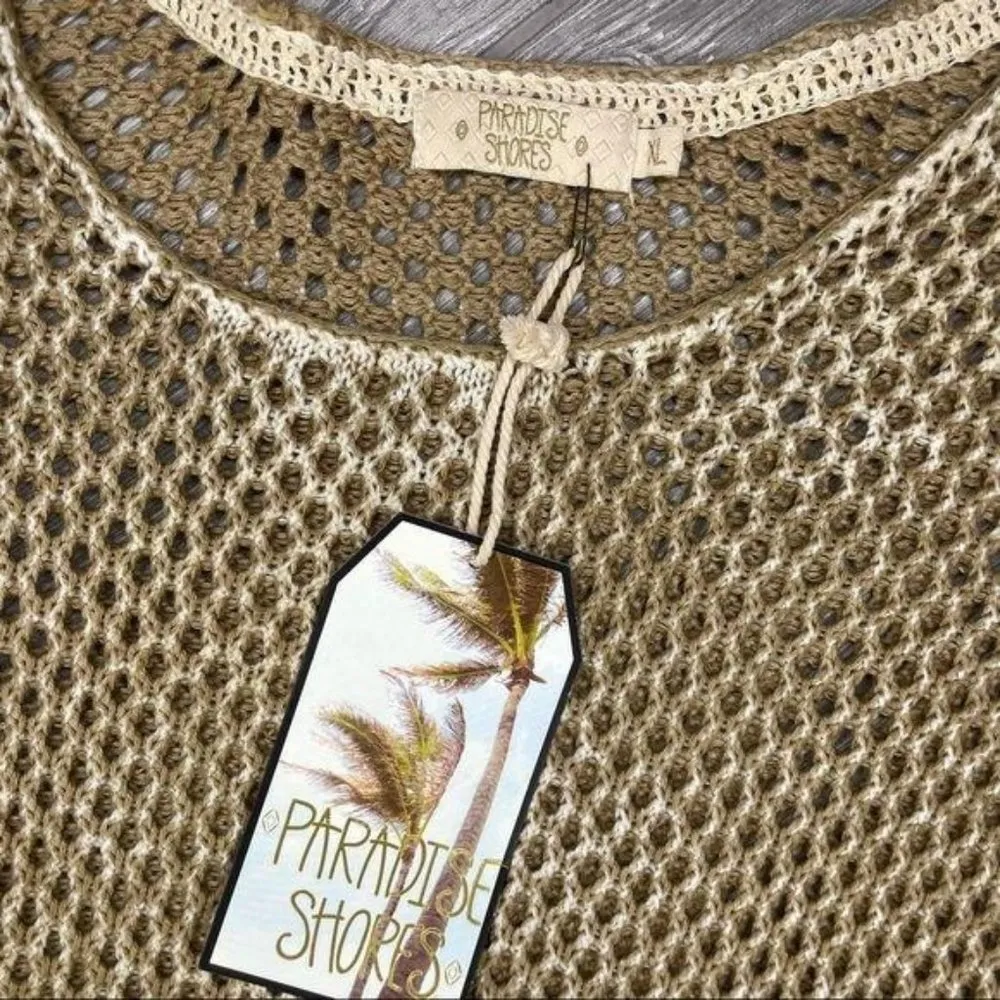 Nwt paradise shores beach cover up sweater knit crochet long cropped sleeve xl Tan - Image 2