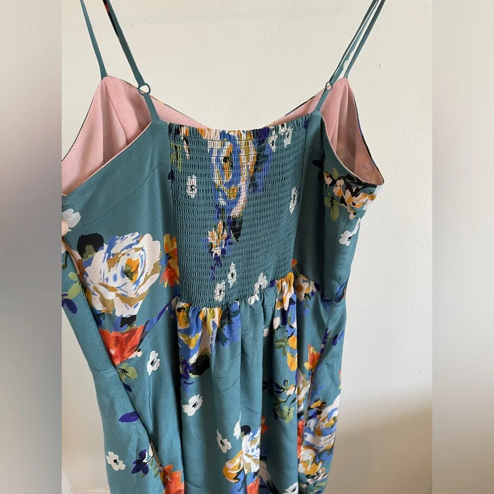 Anthropologie Moulinette Soeurs Floral Silk Mini Dress Teal (Size 4) - Image 4