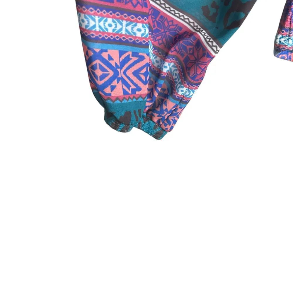 Umgee Tunic Top Women L Teal Leopard Print Multimedia Boho Cottagecore Whimsical - Image 5