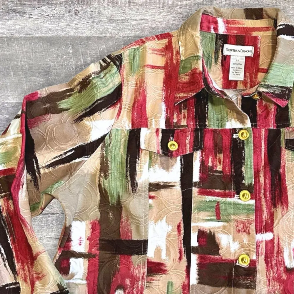 Drapers & Damons Geometric Textured Button Up Jacket Womens 2X Cotton Tan Multi - Image 2