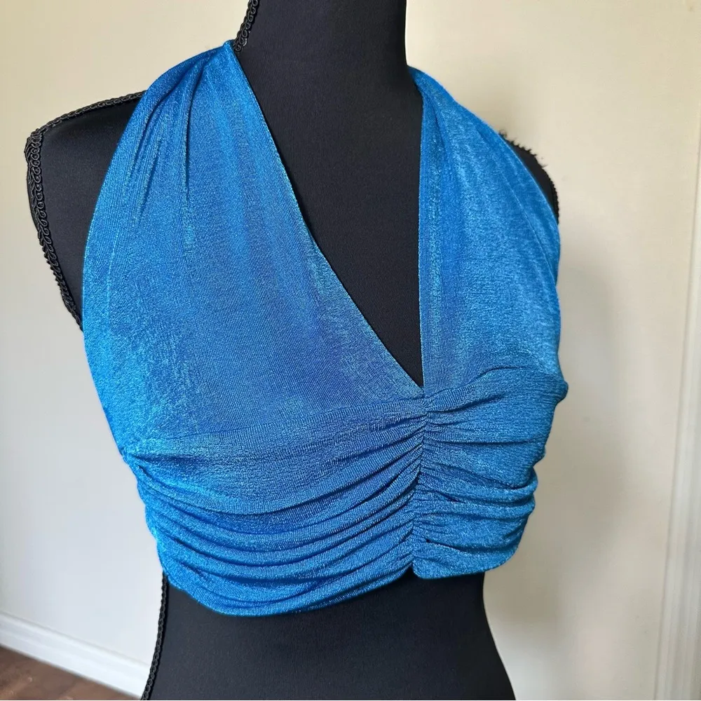 Blue Halter Neck Ruched Women's Top L Size L - Image 2