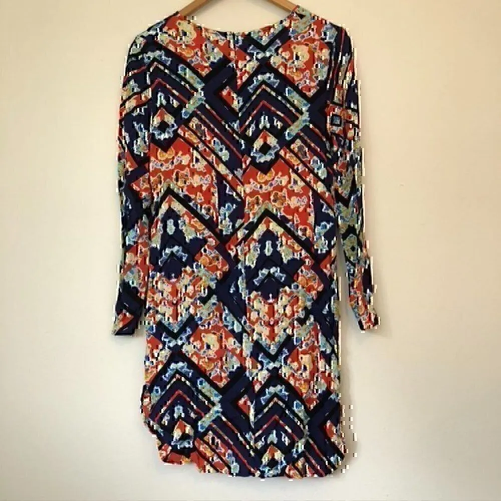 WAYF Red Blue Black Multi Floral Geometric Aztec Boho Long Sleeve Shift Dress XS - Image 8